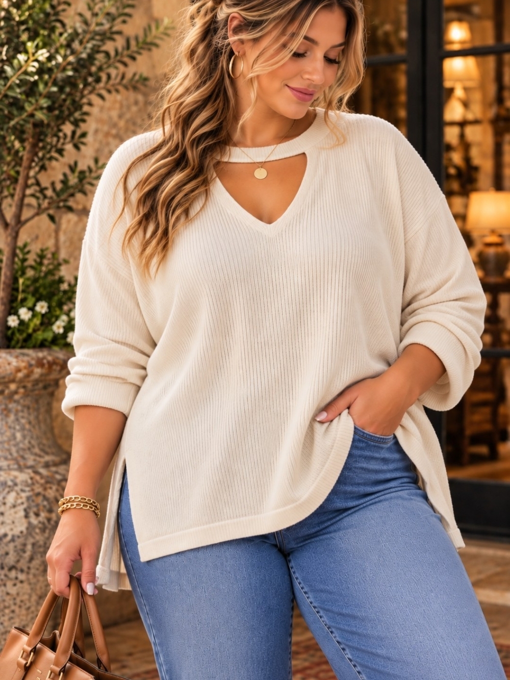 Ivory Ribbed Knit Keyhole V Neck Long Sleeve Top 2X Plus Size High Low Cozy Soft
